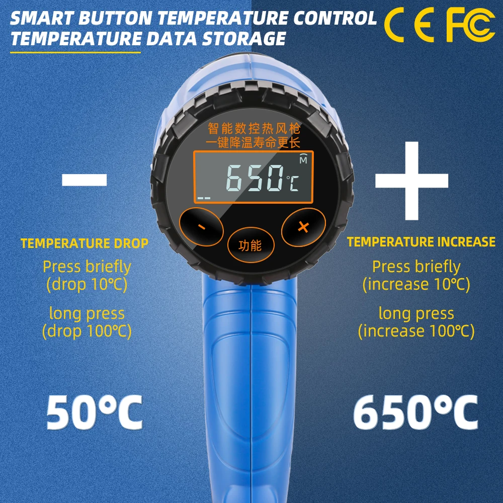 KUAIQU 220V 2000W Industrial Hot Air Gun Adjustable Temperature LCD Heat Gun Tool Building Hair Dryer With Nozzle Accessories 3
