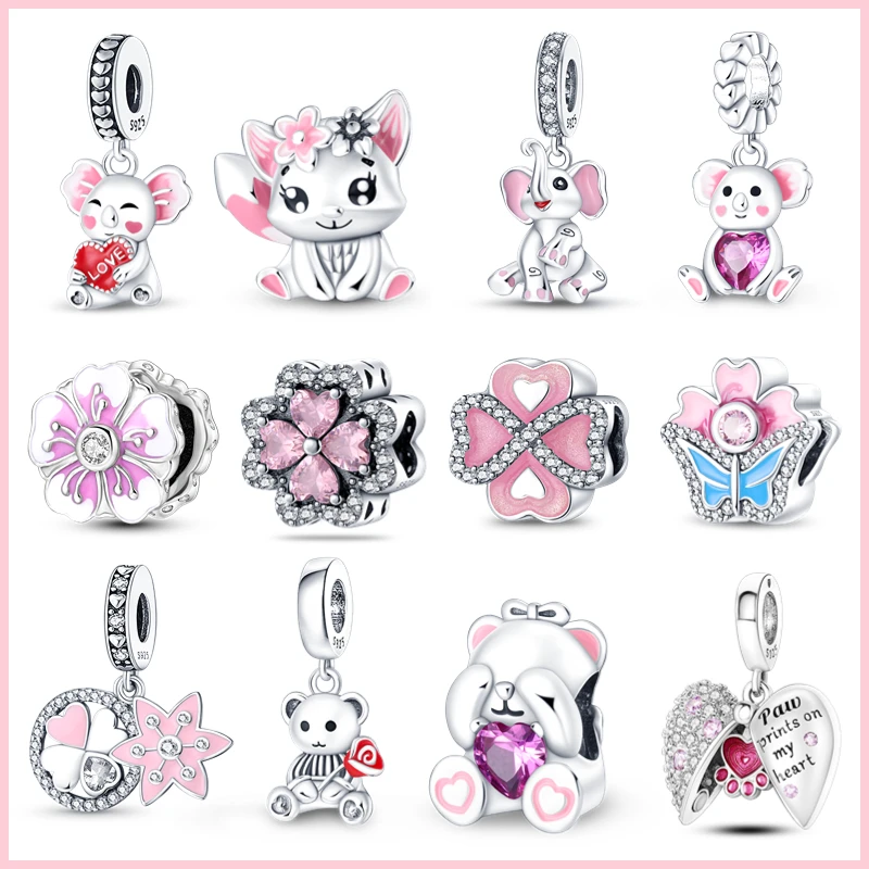 

Pink Charm 100% 925 Sterling Silver Love Heart Cute Animals koala Charms Beads Fit Pandora Original Bracelet DIY Jewelry Making