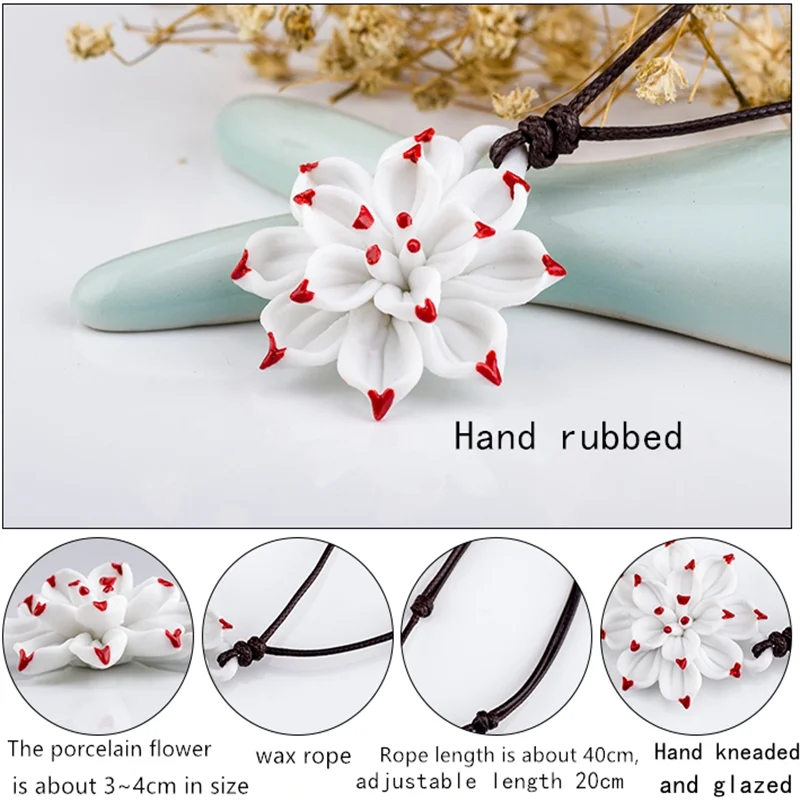 Jingdezhen Ceramic Pendant National Wind Necklace Blue and White Porcelain Bauhinia Lotus Hand-kneaded Sweater Chain