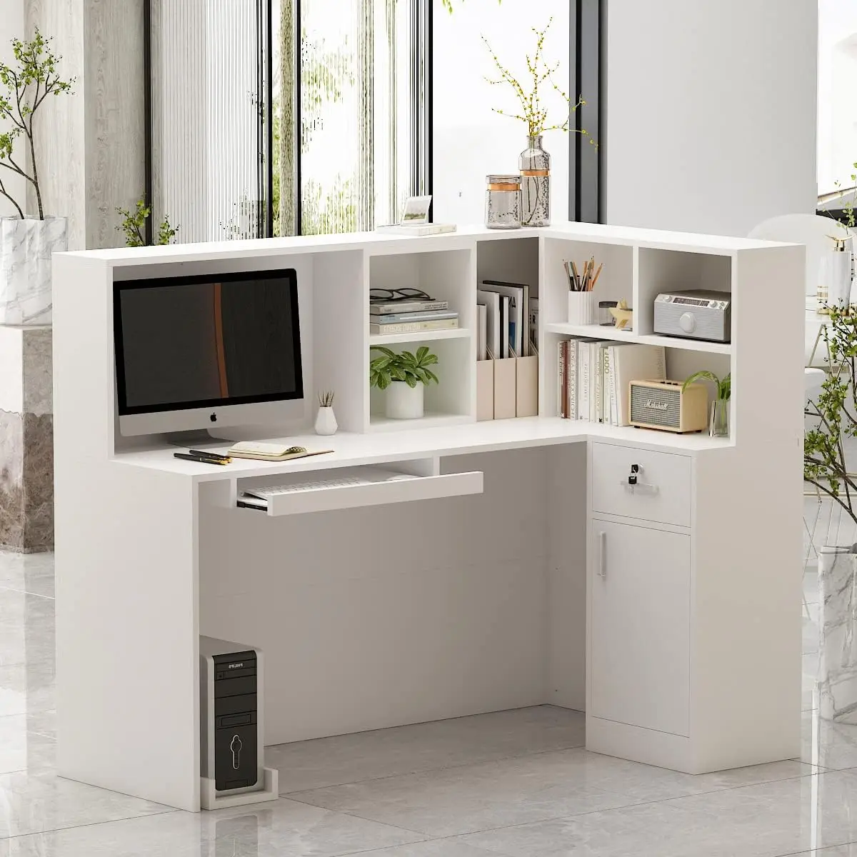 Aiegle Reception Desk With Counter Drawers & Storage Shelves, L-Shaped Reception Counter Table For Salon Room
