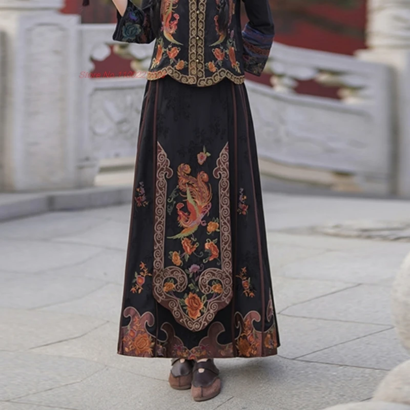 chinese satin jacquard skirt national flower embroidery ethnic skirt oriental improved a-line elastic waist folk