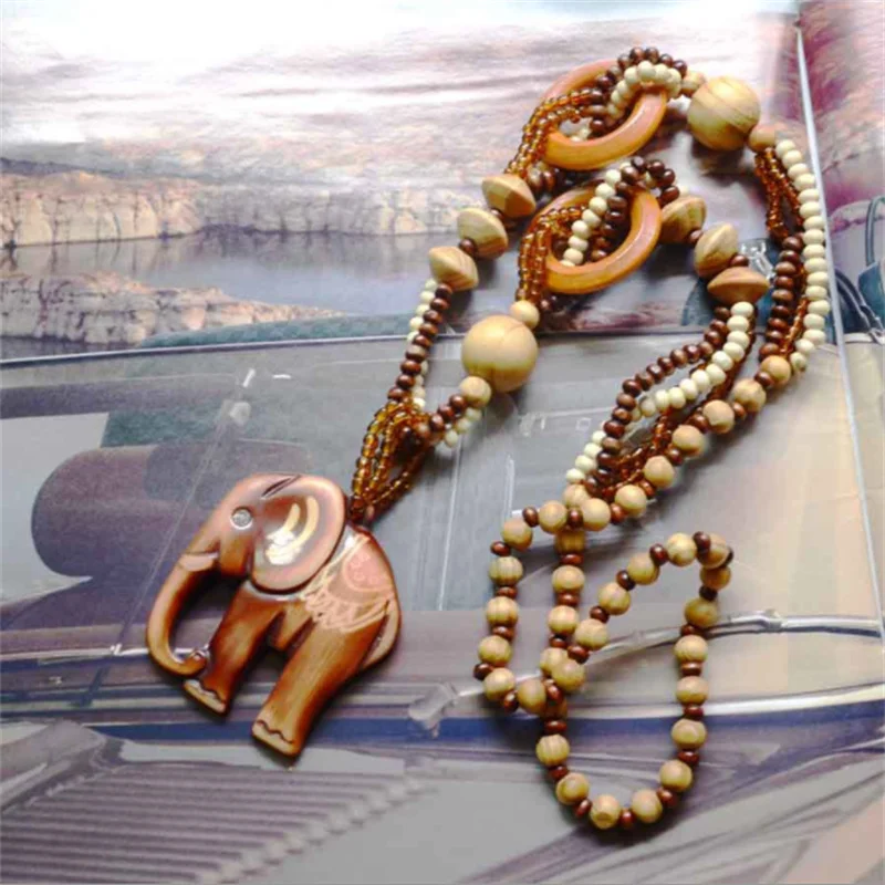 2022 Boho Jewelry Ethnic Style Long Hand Made Bead Wood Elephant Pendant Necklace for Women Price Decent Women's Neck |