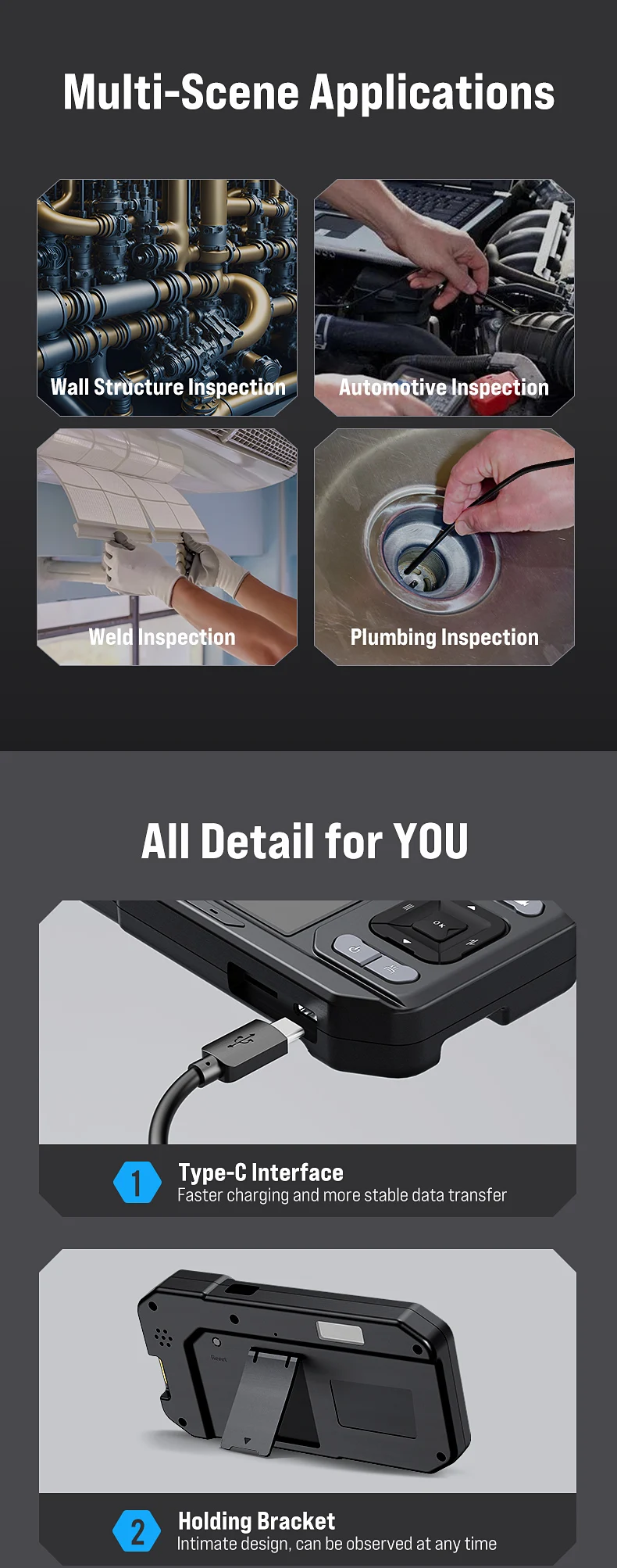4.5'' IPS Endoscope Camera 1080P Dual Lens Inspection Borescope for Pipe Car Rep