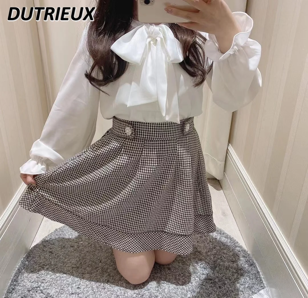 

Japanese Style Double Diamond High Waist Short Skirt Women Sweet Cute Kawaii Lolita Hip Skirts Spring Autumn Retro Plaid Skirt