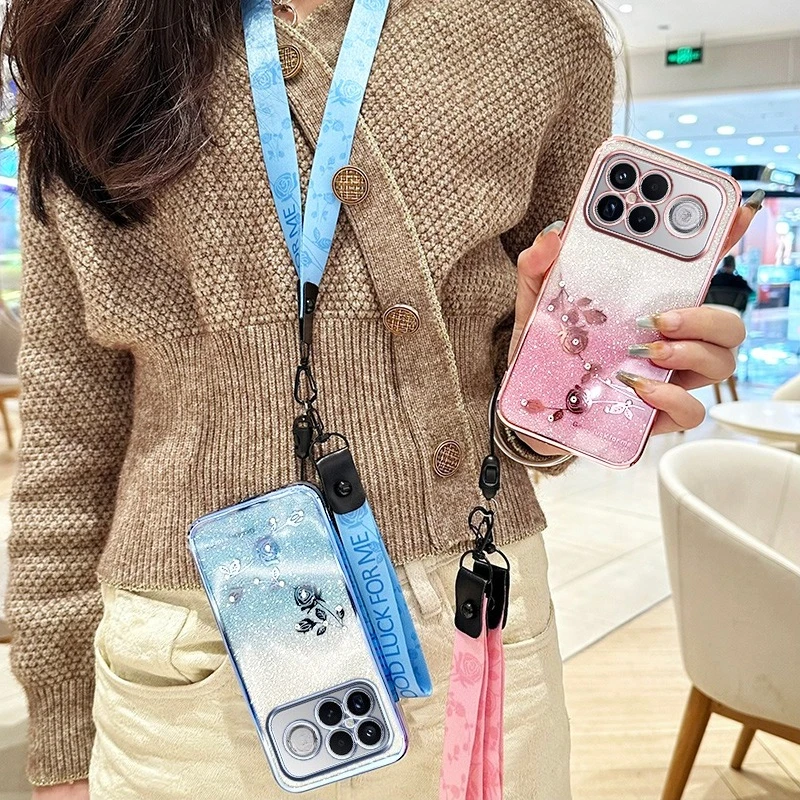 New Fashionable Gradient Preserved Flower Lanyard Anti-Drop Phone Case Cover