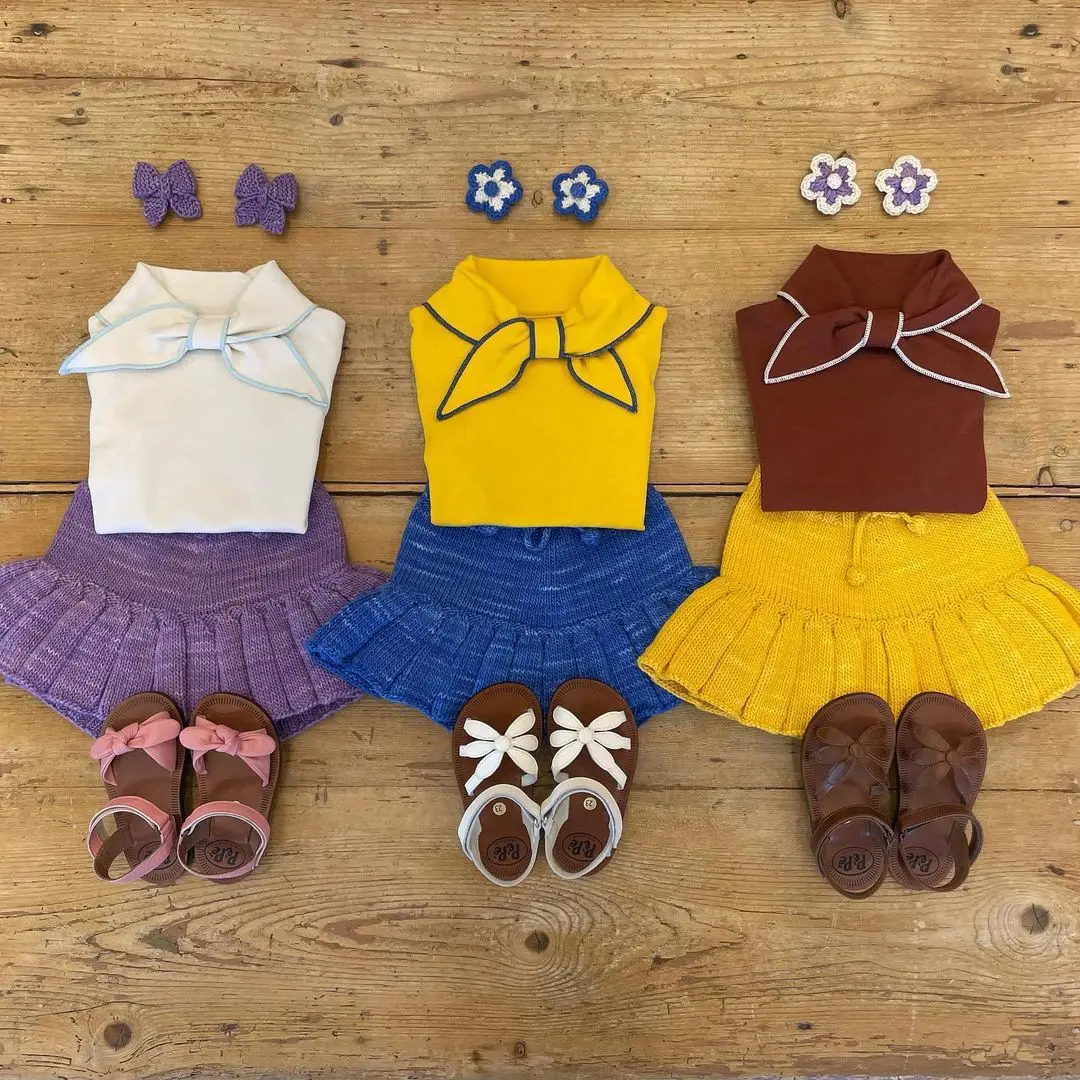

Children's Cotton Short-sleeved Bow Shirt+knitted Pants Skirt Baby Girls' Shirt+Skirt 2023 Summer Ins Solid Color Suit