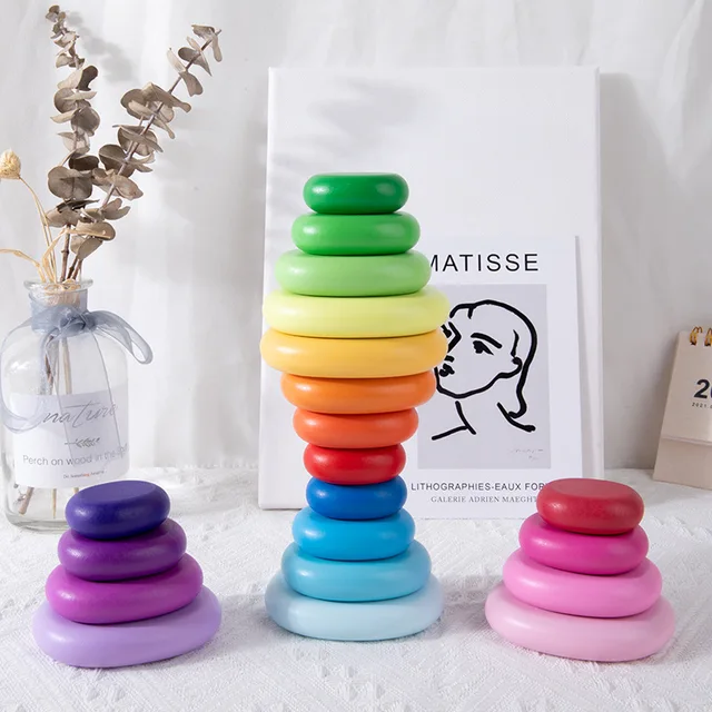 New Rainbow Pebbles Wooden Blocks Stacker Games Baby Montessori Educational Toys for Children Color Cognition Learning Kids Toy 3