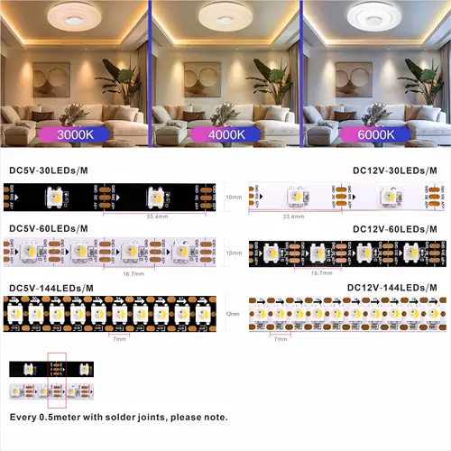 Sk6812 DC 12V RGBW RGBWW 5050SMD independently addressable 30/60/144 LEDs/m IP30/65/67 black/white PCB wire 1-5 meters - Image 2