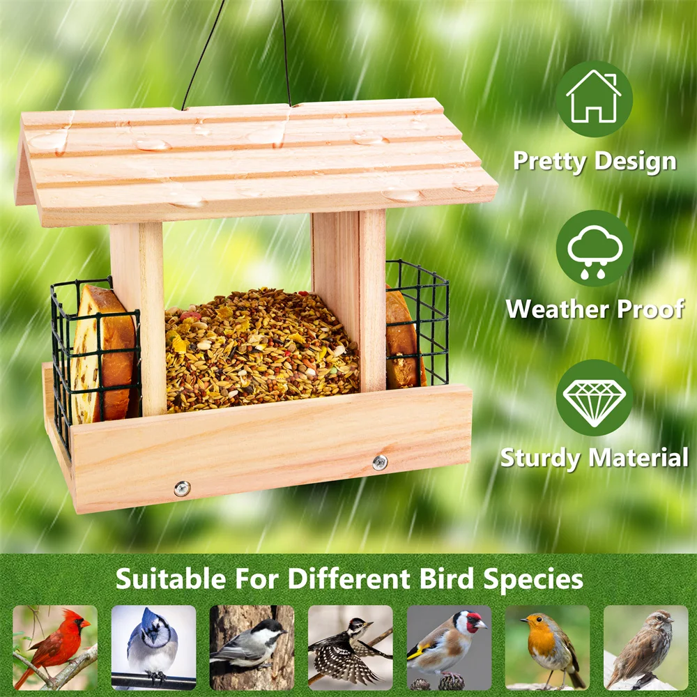 5.5LB Wooden Bird Automatic Feeder Food Feeding Tool Hanging Outdoor Birds Feeder Large Feeding House Large Bird Food Container