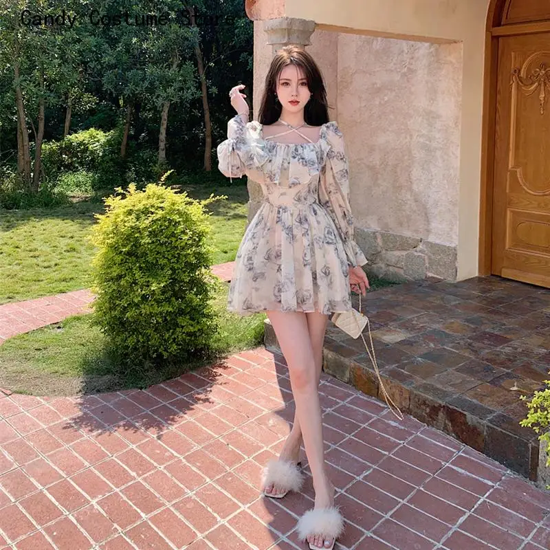 

Women Lace-Up Print Slash Neck High Waist Mini Dress Elegant Long Sleeve Holiday Dressruffles Sling Chiffon Dresses