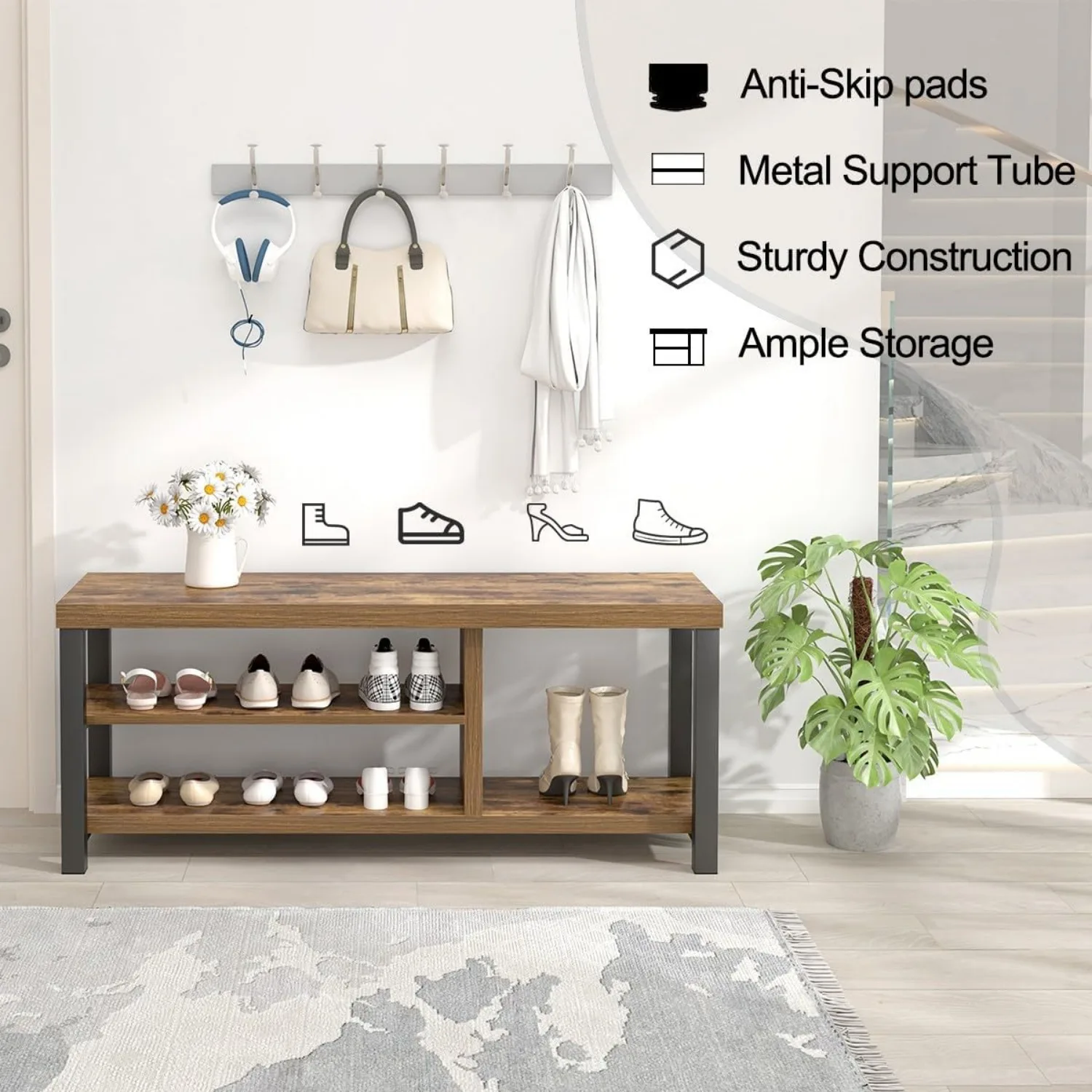 Shoe Bench Modern Wood Storage Bench for Entryway Hallway Industrial Indoor Shoe Rack Bench Seat for Living Room Bedroom 6