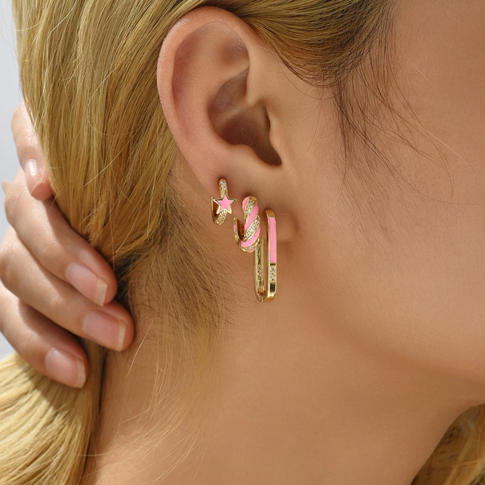 Trendy Colorful Enamel Twist Round Hoop Earrings Set Small Geometric Star Square CZ Zircon Huggies Ear Buckle Jewelry for Women