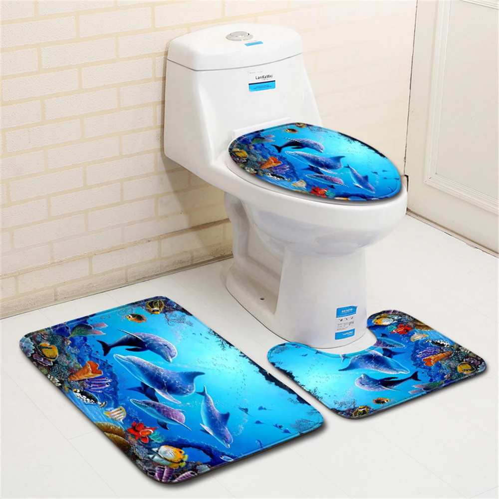 

Marine Bathroom Set Blue Marine animals Dolphins Fish School Bathroom Carpet Toilet Mat Bathroom set Decoration