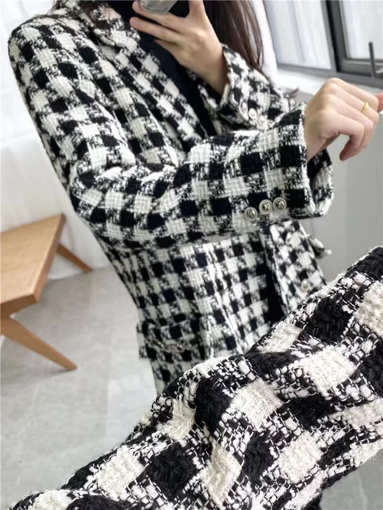 

Fall Winter New Fashion Houndstooth Tweed Double Breasted Blazer Coat Women Casual Long Sleeve Pockets Outerwear Female Tops