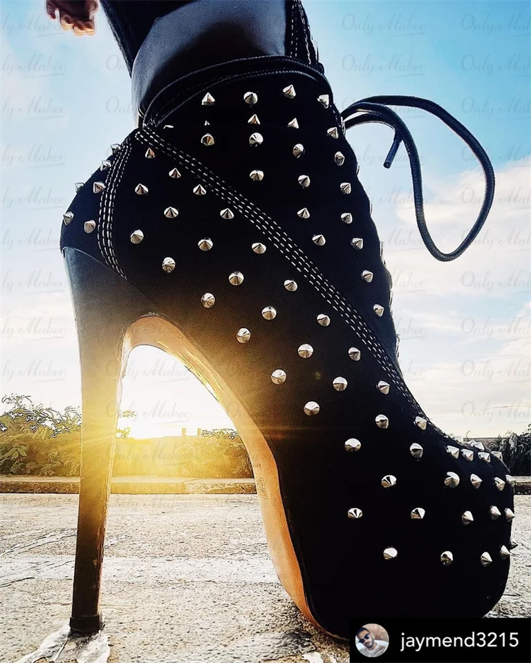 Onlymaker Women's Mid-Calf Platform Boots Stiletto Heel Lace Up Rivet - Sizes 5-15