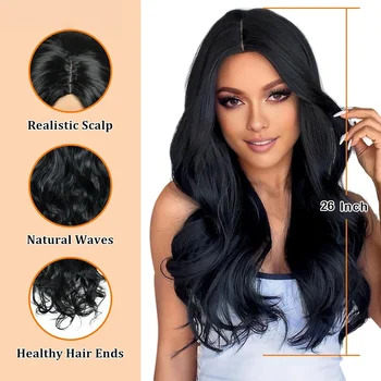 Long Body Wave Synthetic Wig, 26 Inch, Natural Black, Easy to Wear & Adjust, for Face Framing and Style Change 1