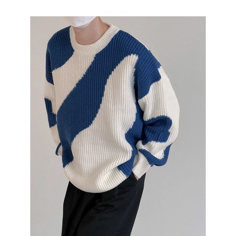 

Autumn and Winter O-Neck Knit Sweater for Men Cow Patchwork Pullover Men Loose Casual Harajuku 2023 New Mens Oversized Sweater
