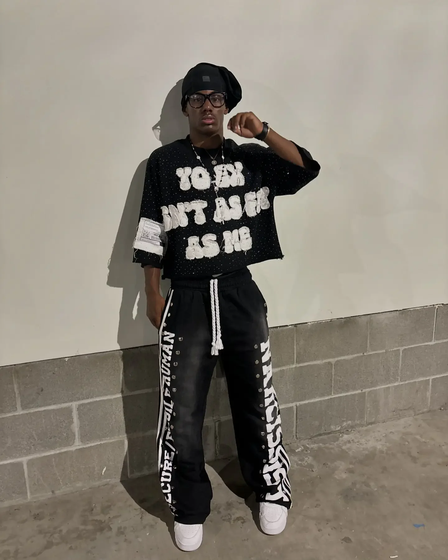 New Gothic Letter Patchwork Tracksuit Men Y2k Hip Hop Retro Sequin Striped Clothes Sweatpants T Shirt Two Piece Set Streetwear 6
