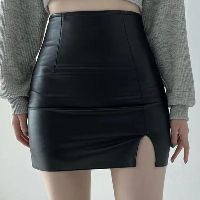 Xpqbb Balck PU Leather Mini Skirt Women Sexy Skinny High Waist Side Split Hip Skirts Autumn New Korean Office Lady Short Skirt 1