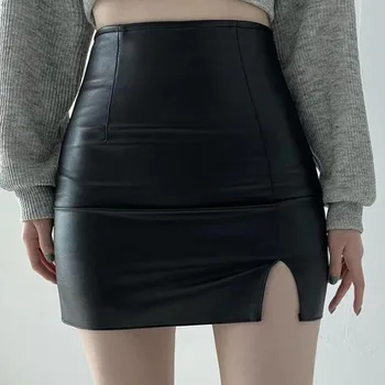 Xpqbb Balck PU Leather Mini Skirt Women Sexy Skinny High Waist Side Split Hip Skirts Autumn New Korean Office Lady Short Skirt 1