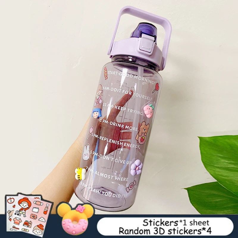 2L Large Capacity Water Bottle With Bounce Cover Time Scale Reminder Frosted Cup With Cute Stickers For Outdoor Sports Fitness restaurant glassware Drinkware