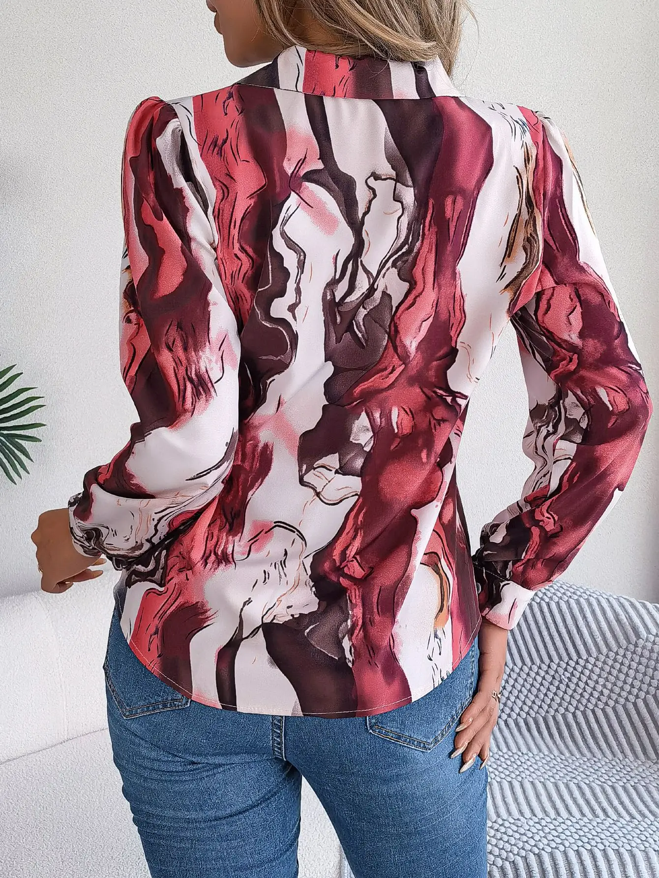 Autumn Winter Women Casual Notched Long Sleeve Blouse