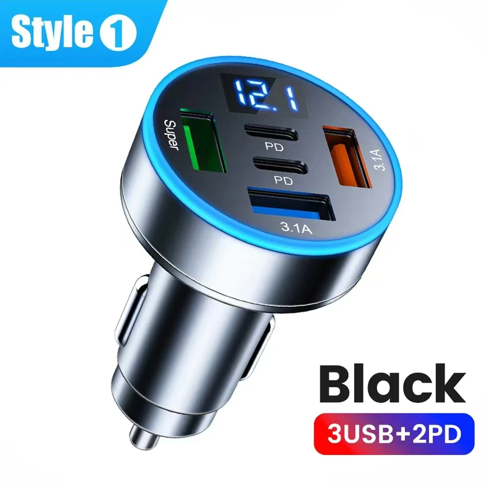 100W Car Charger 5 Ports Super Fast Charging With Digital Display Power Adapter USB Type C Car Charger For iPhone Samsung Xiaomi