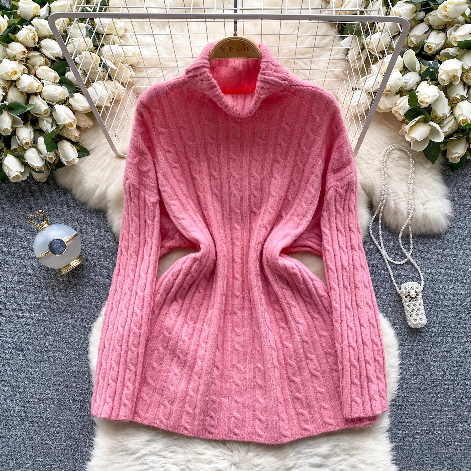 

Women's spring and autumn fashion solid color loose knit sweater