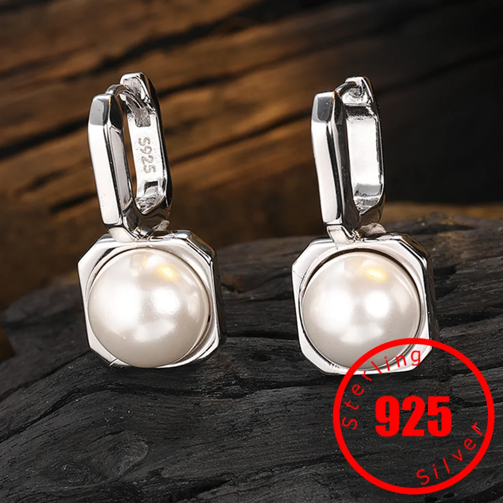 Boucles d'oreilles pendantes en argent regardé 925 pour femmes, perle de coquillage, piercing d'oreille géométrique, mode, bijoux fins, timbre pur