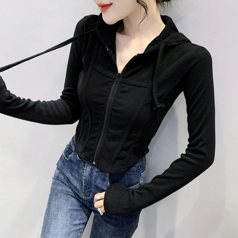 

#5552 Spring Corduroy T Shirt Women With Hood Korean Style Short T Shirt Female Zipper Sexy Skinny Woman T-shirts Solid Color
