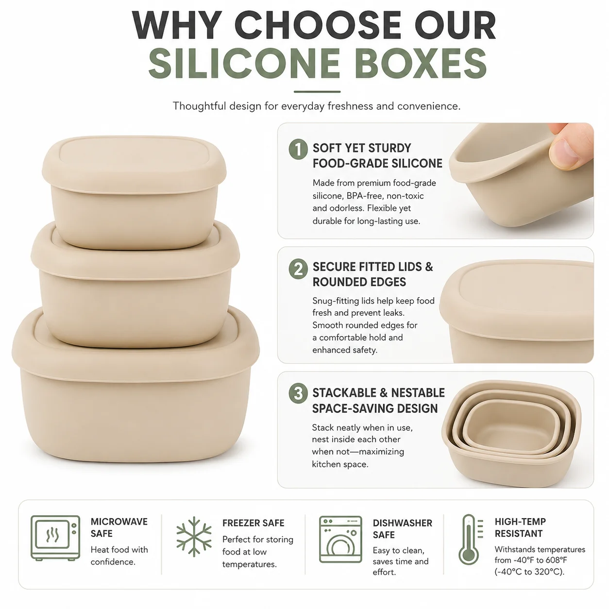 Set of 3 Reusable Silicone Bento Box Containers with Lids - Dishwasher & Microwave Safe for Food Storage and Lunch Prep