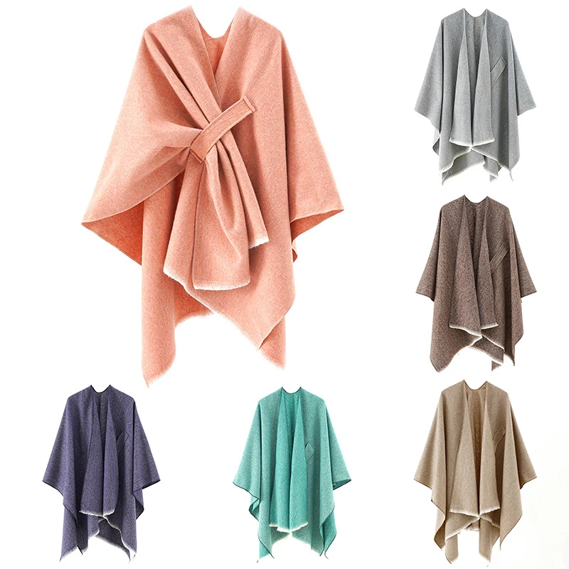 

Women Elegant Cloak Coat Faux Cashmere Knitted Shawl Scarf Solid Color Wrap Winter Poncho Thick Loose
