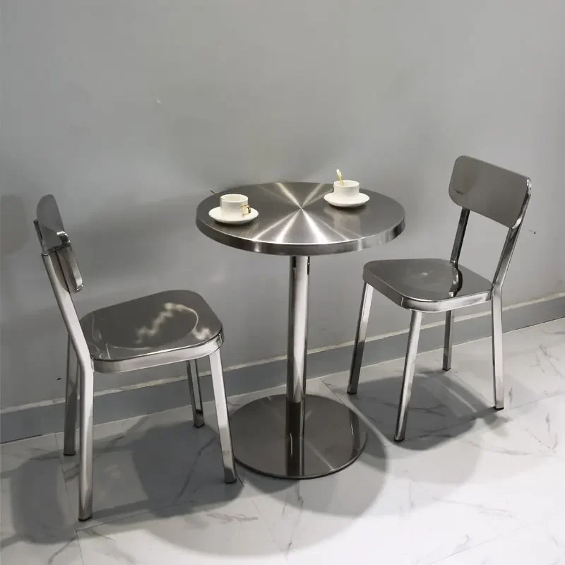 Industrial style stainless steel dining furniture durable all stainless steel tables and chairs coffee shop milk tea shop suppor