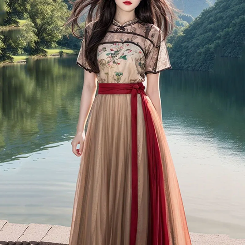 

New Chinese Style Short-sleeved Dresses Women's 2024Summer Party Vestidos Stitching Artistic Retro Slim Print Hanfu Dress Female
