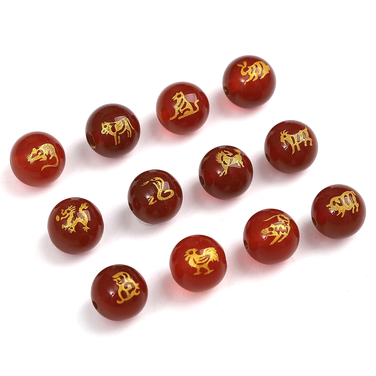 1pc 8/10mm Natural Red Agate Stone Gold Color Twelve Zodiac