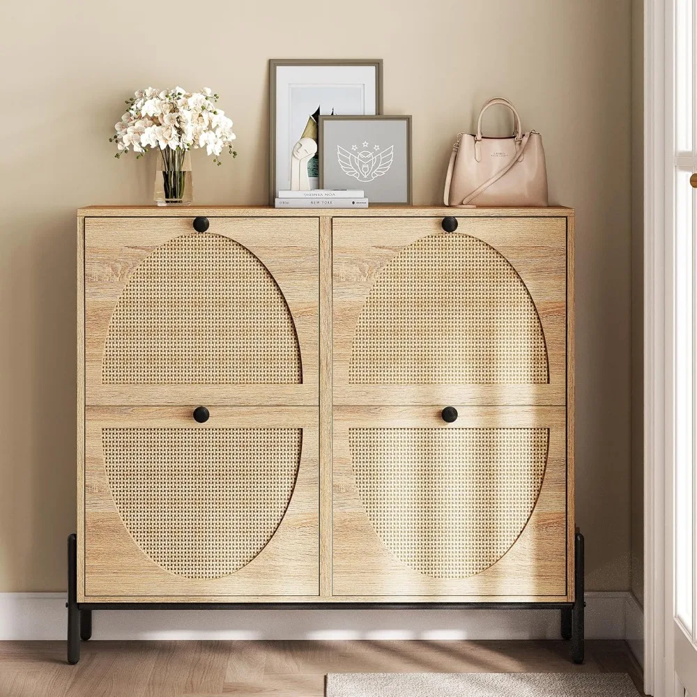 Rattan Shoe Cabinet Storage with 4 Flip Drawers, Freestanding Shoe Storage Organizer Cabinet for Entryway 4