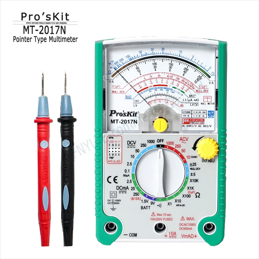 

Pointer Multimeter Pros'Kit MT-2017N Protective Function Standard Ohm Test Meter DC AC Voltage Current Resistance Multimeter