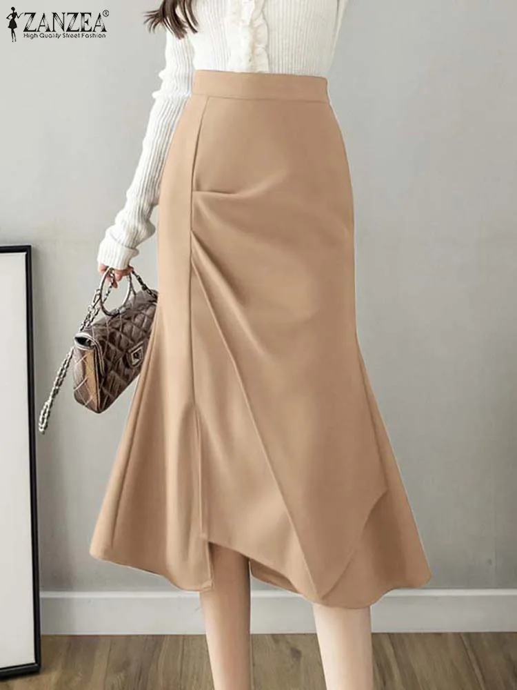 

Women Mermaid Long Skirt ZANZEA Elegant High Waist Solid Jupes Casual Pleated Midi Skirts 2023 Summer Asymmetrical Pleats Faldas