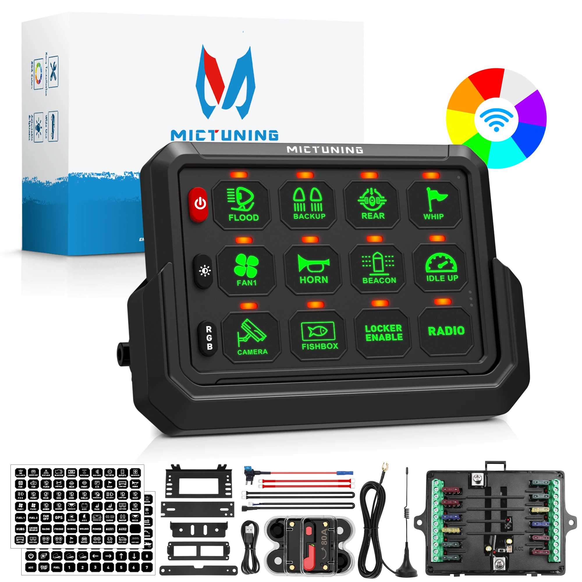 

MICTUNING Universal 12 Gang Switch Panel, Wireless Cordless, Adjustable RGB Colors Brightness for Car Off-Road Truck SUV RV