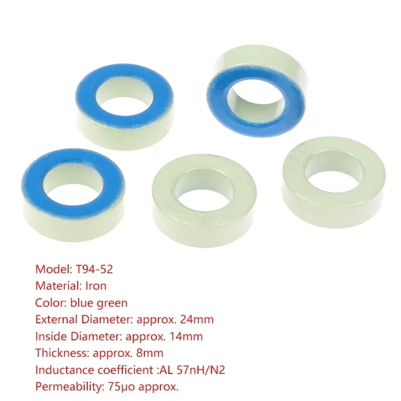 T94 52 Iron Ferrite Toroid Cores 24*14*8mmFor Inductors Iron powder Core Blue Green Ring 24mm x