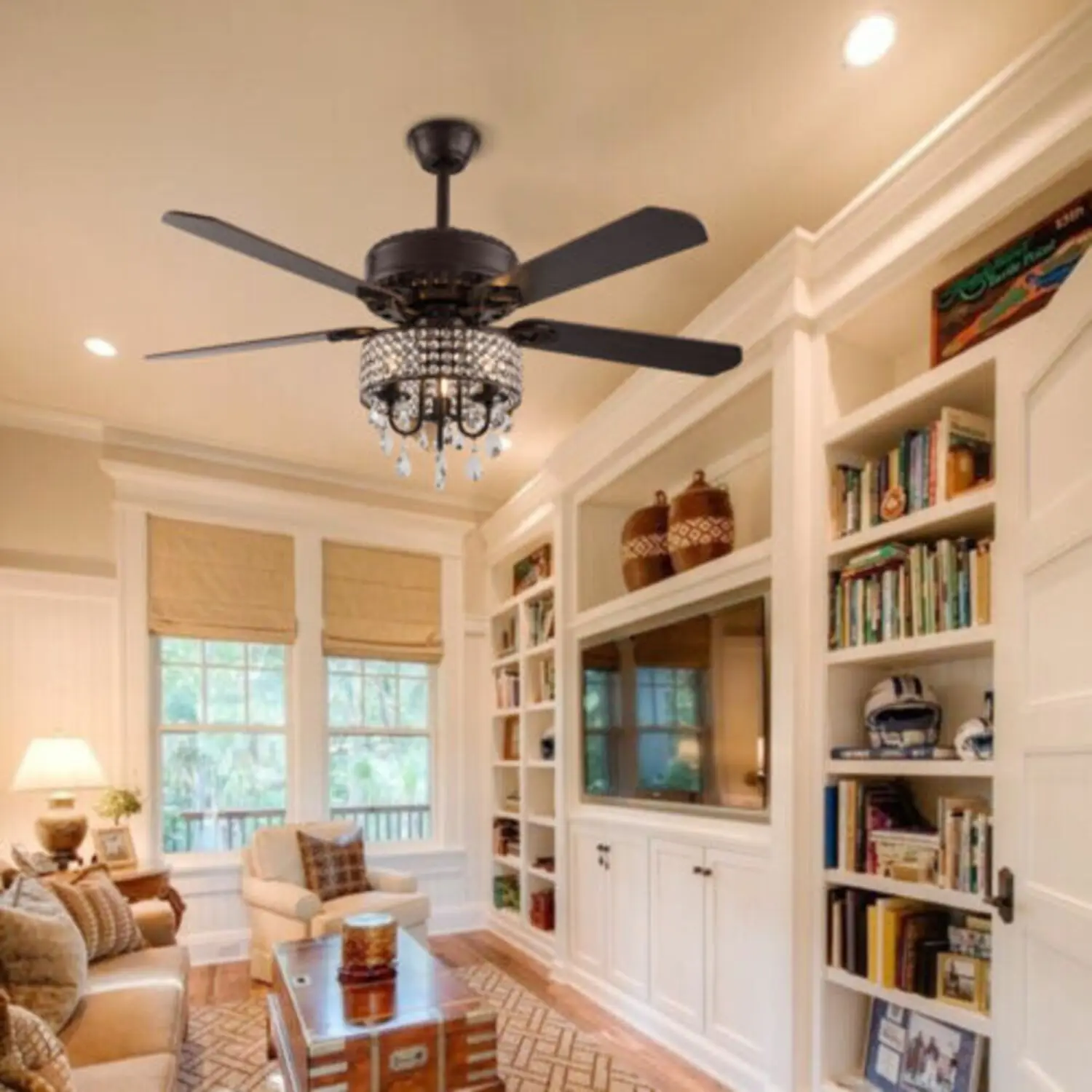 

52" Bymaocar Modern Crystal Ceiling Fan Light Crystal Chandelier Fixture Indoor Quiet Remote Control W/ 5 Reversible Wood Blades