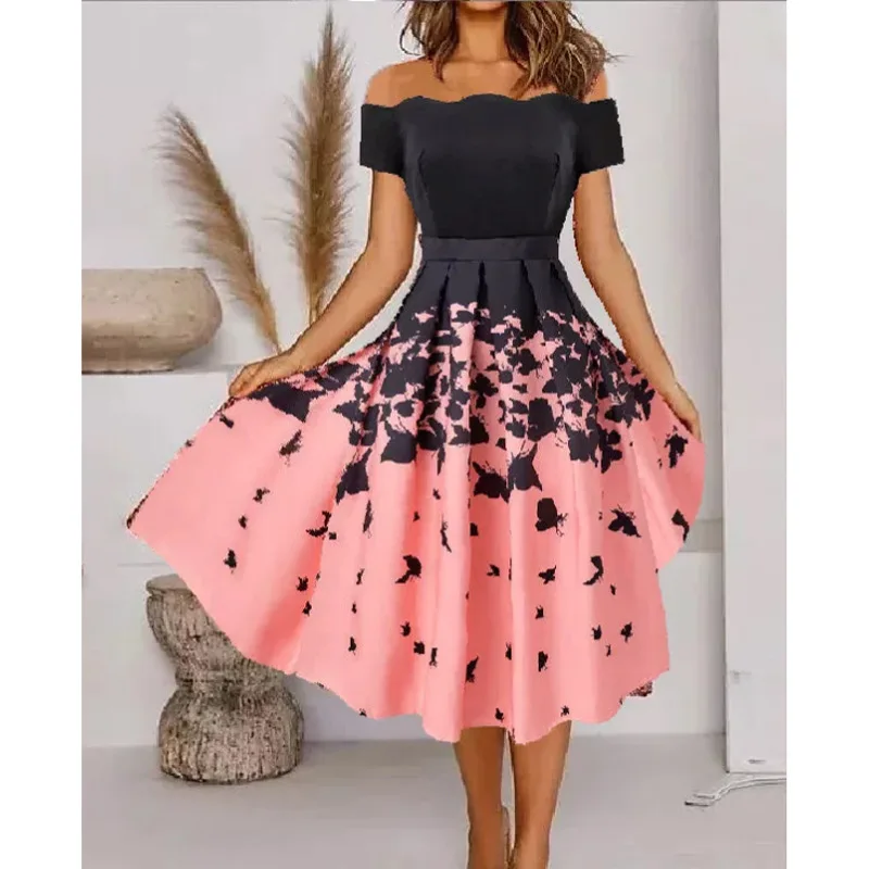 

Wepbel Summer Dress Women Short Sleeve Bandeau One-Shoulder Long Dress Slim Fits Big Swing A-line High Waist Fold Floral Dress