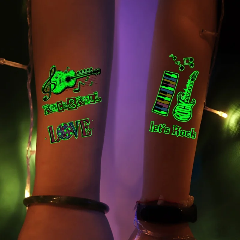 Glow-in-the-Dark Rock Music Temporary Tattoos 12pcs Guitar Keys & Notes Designs