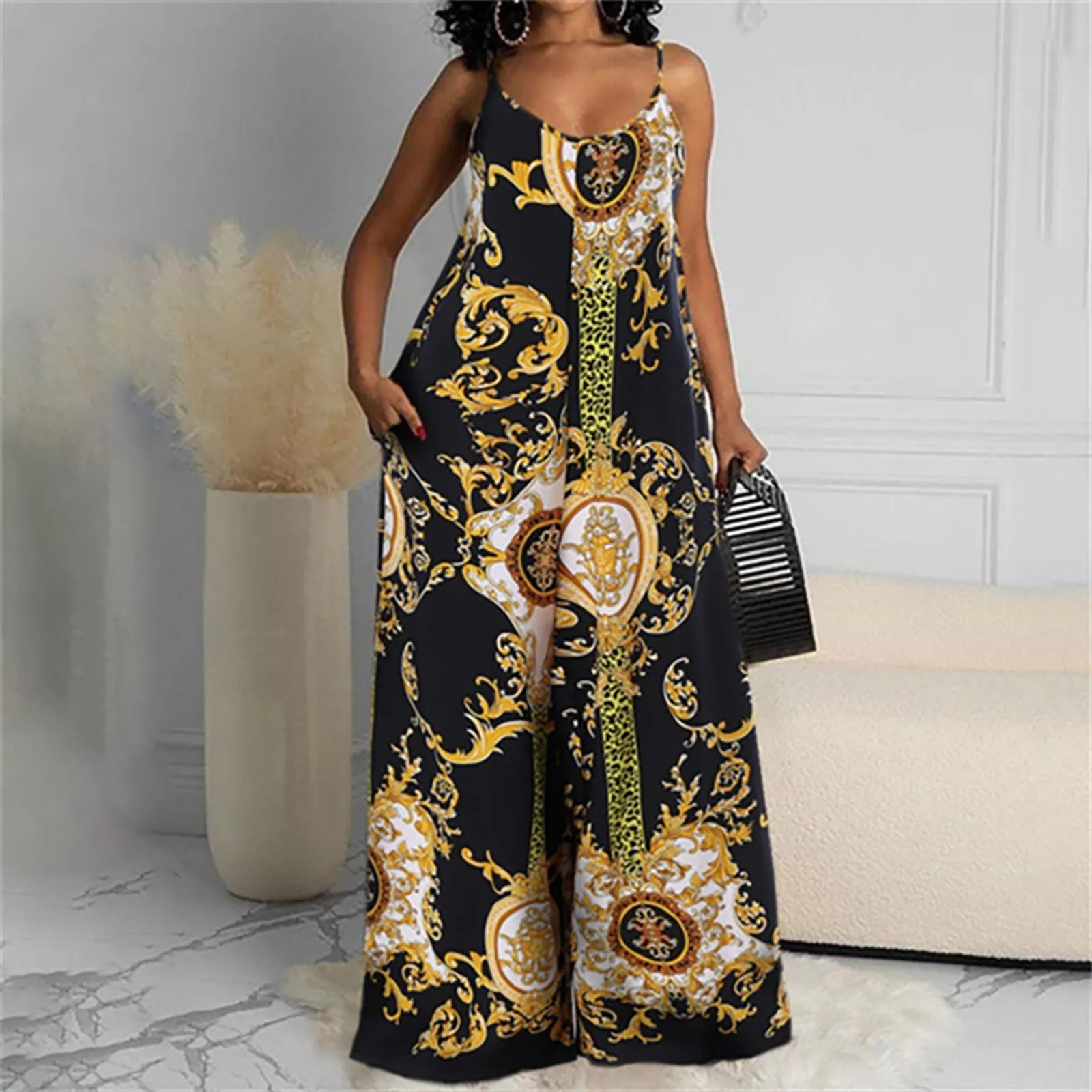 

Lady Fashion Romper Overalls Women Elegant Wide Leg Playsuits Retro Gold Butterfly Print Office Sleeveless Jumpsuit Streetwear