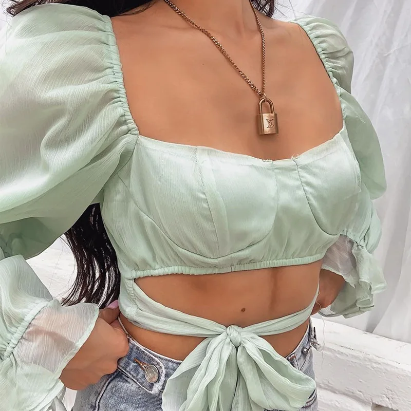 

Autumn Lace Up Crop Tops Sexy Fashion Backless Flare Sleeve Chiffon Tops Casual Square Collar Flare Sleeve Green Tops Women 2023