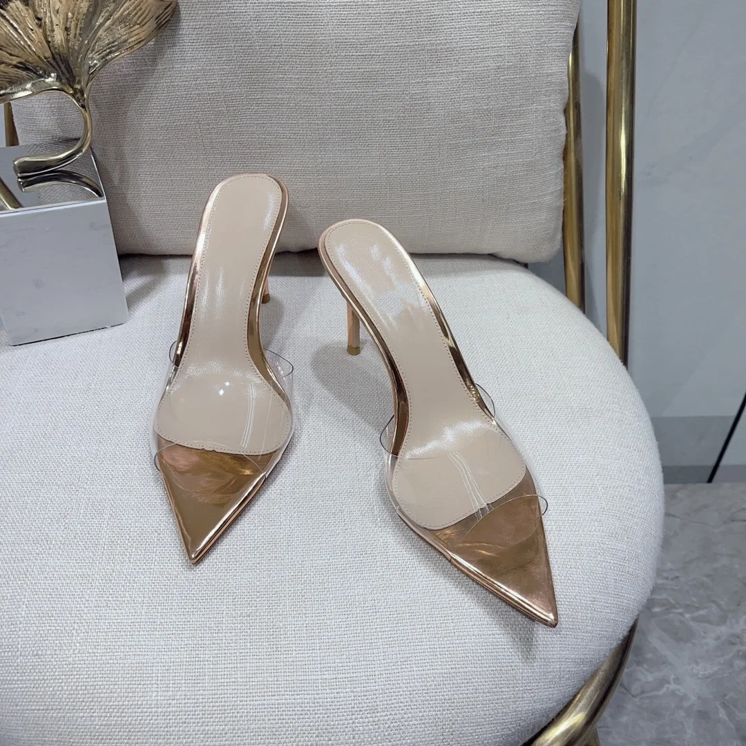Fashionable and minimalist transparent high heel slippers with thin heels and pointed toes, and open toe sandals