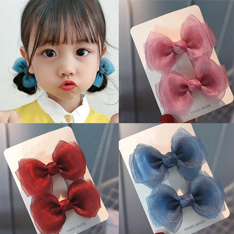 

Ins Pearlescent Yarn Bow a Pair of Hairclips Children's Cloth Barrettes 2-Piece Set Female Hairpin Sweet Mesh Hairware