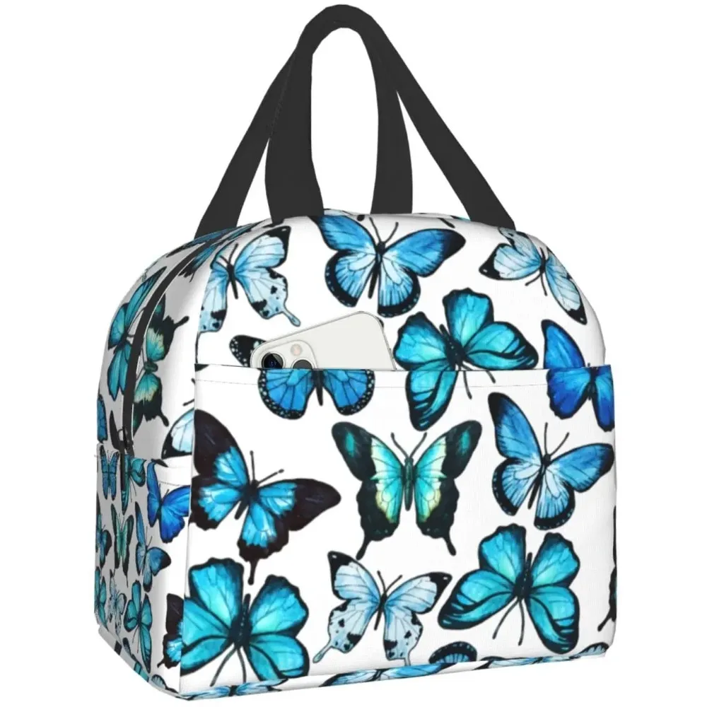 

Изолированная сумка для ланча с синей бабочкой, многоразовый Ланч-бокс, водонепроницаемая женская сумка-тоут для ланча для офиса, работы, школы, пикника, пляжа