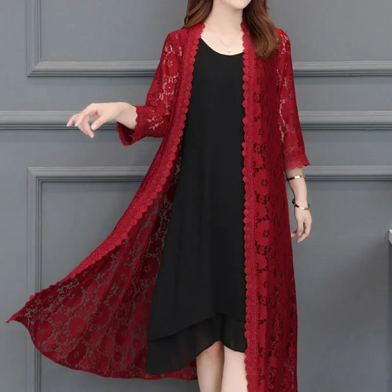 

Summer New Thin Lace Loose Cardigan 3/4 Sleeve Solid Color Hollow Out Net Yarn Elegant Tops Temperament Fashion Women Clothing