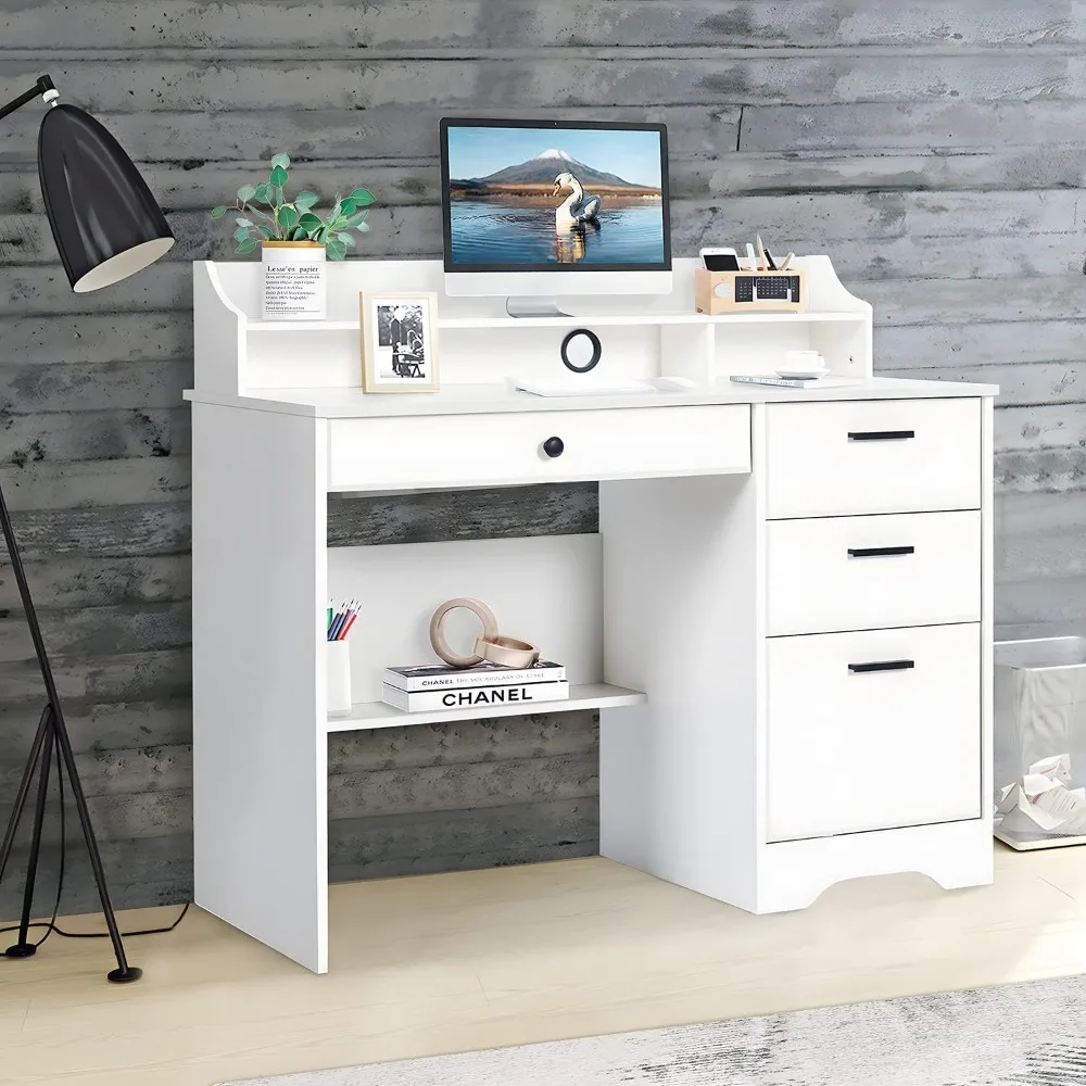 

White Desk with Drawers and Storage, Home Desk Small White Desk with Drawers for Bedroom, Home Office, White